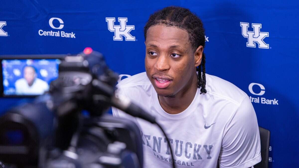 Wildcat's forward Justin McBride conducts an interview with media outlets in the media room of Memorial Coliseum during the University of Kentucky men's basketball presser on June 25, 2026, in Lexington, Ky.