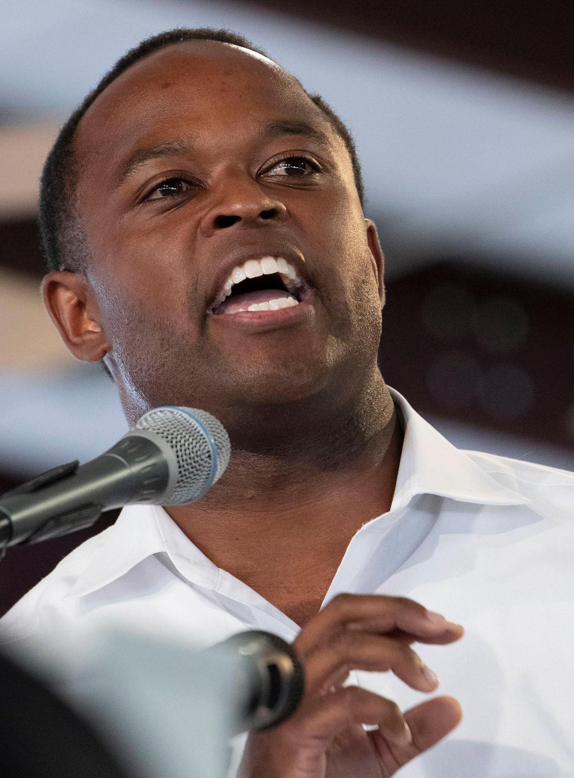 Daniel Cameron, the Republican candidate for Kentucky attorney general, speaks Saturday, August 3, 2019, during the St. Jerome Parish Picnic in Fancy Farm. Ky.