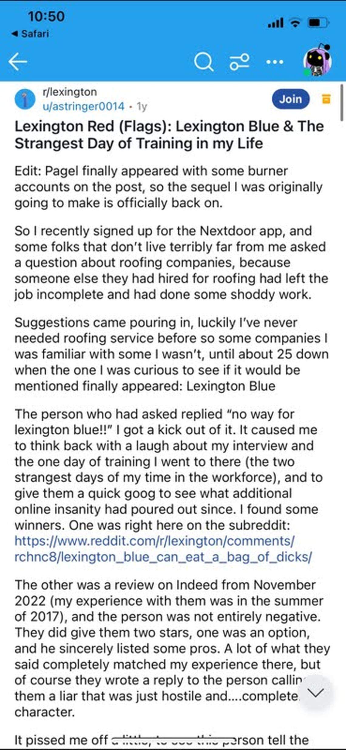 Andrew Stringer’s original post describing his job interview at Lexington Blue, with a note saying Brad Pagel had found him.