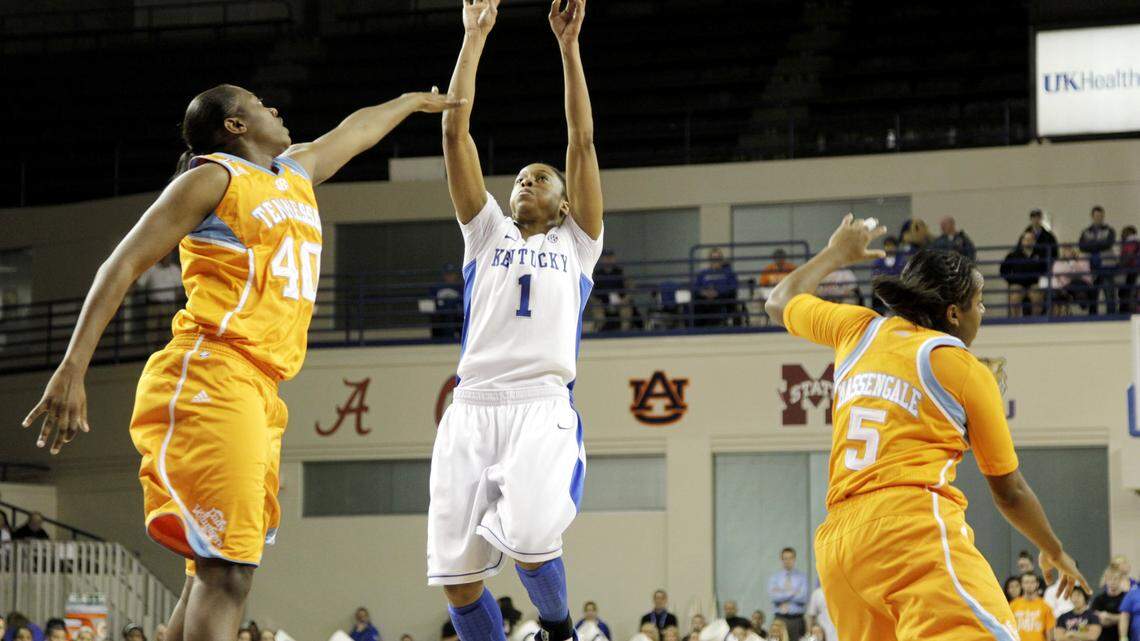 A'dia Mathies, right, scored past Tennessee's Shekinna Stricklen during a game last week in which Mathies scored a career-high 34 points, including the winning basket with 4.2 seconds on the clock.      