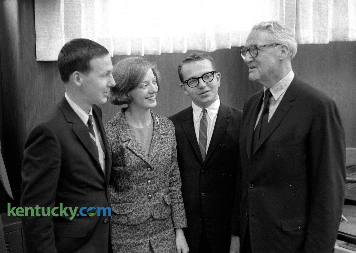 Future Kentucky Sen. Mitch McConnell at far left, in his third year in the College of Law at the University of Kentucky, talks with then Kentucky Sen. John Sherman Cooper, Sept. 26, 1966. Cooper, a Republican who served 20 years in the U.S. Senate, spoke at the UK Law Forum for 30 minutes. McConnell, who was president of the Student Bar Association at this time and later graduated from UK’s law school, went on to work for Cooper and has called him his political hero. Published Sept. 27, 1966 in the Lexington Leader.