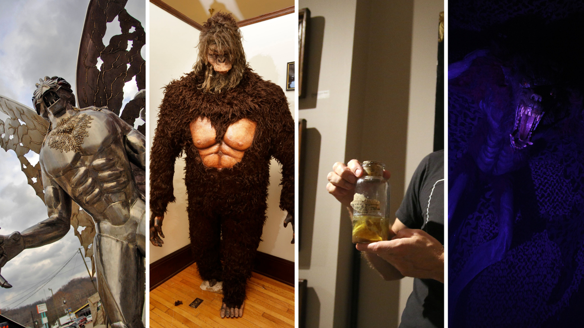 A collage of cyptids, and unknown phenomena, that have reportedly been spotted around Kentucky. From left to right: Mothman, Bigfoot, remnants from the Kentucky meat shower and a mechanical werewolf.