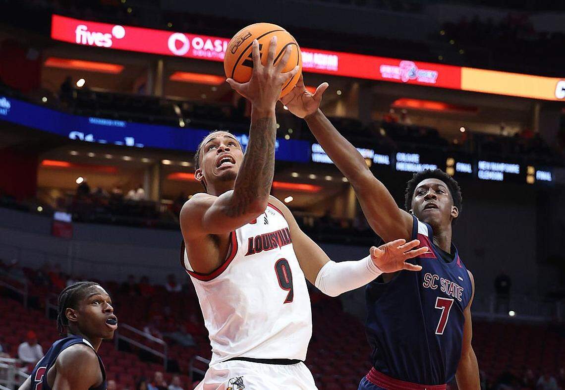 Louisville’s Khani Rooths (9) had 16 points and 10 rebounds in the Cardinals’ 106-70 win over Jackson State on Thursday night.