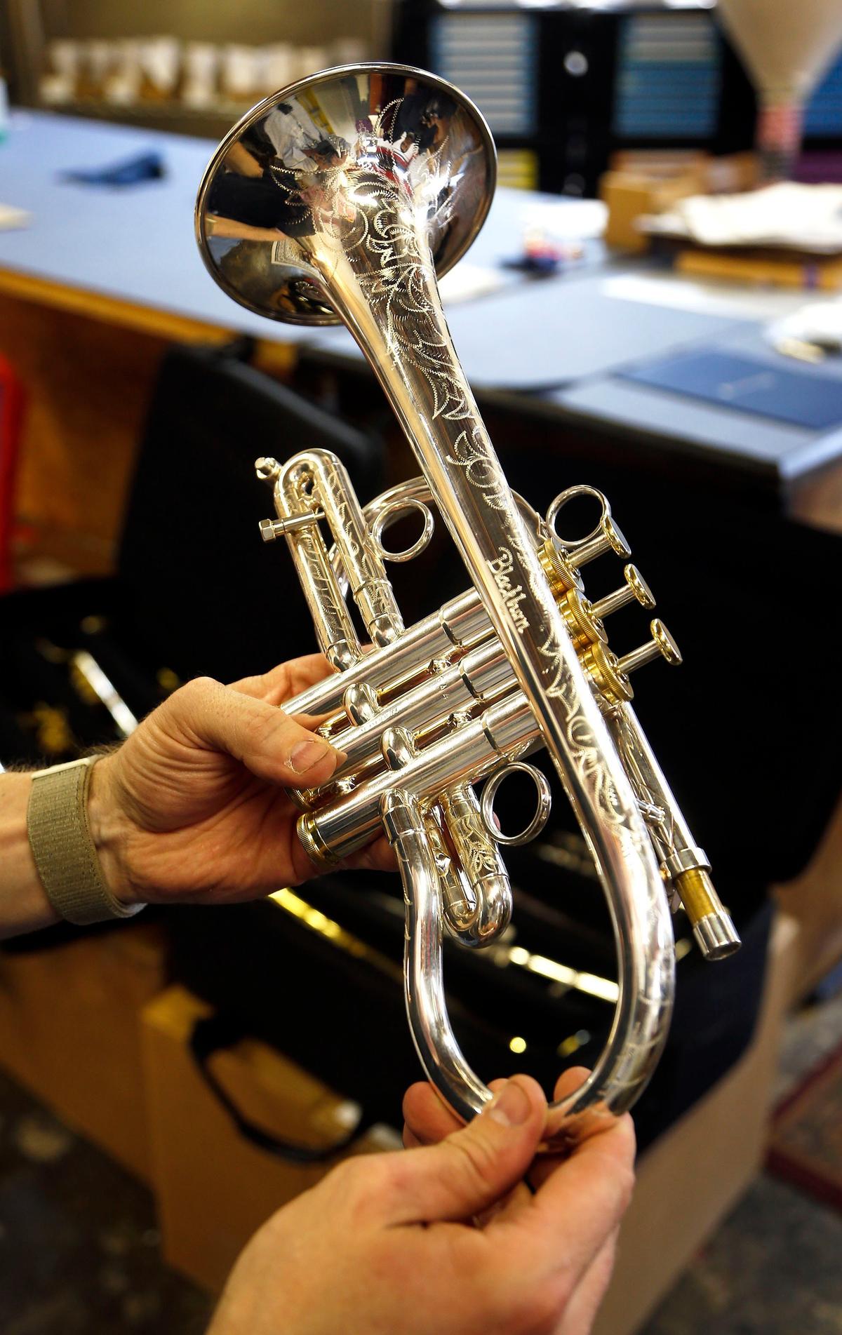A hand engraved trumpet at Pickett Brass and Blackburn Trumpets, 308 North Ashland Avenue in Lexington.