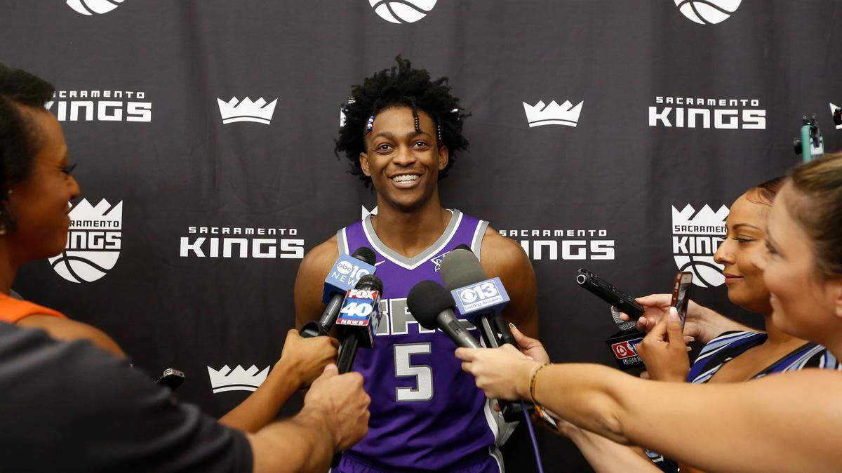 Sacramento Kings guard De’Aaron Fox (5) talks with reporters during media day at the NBA basketball team’s practice facility Monday, Sept. 24, 2018, in Sacramento, Calif.