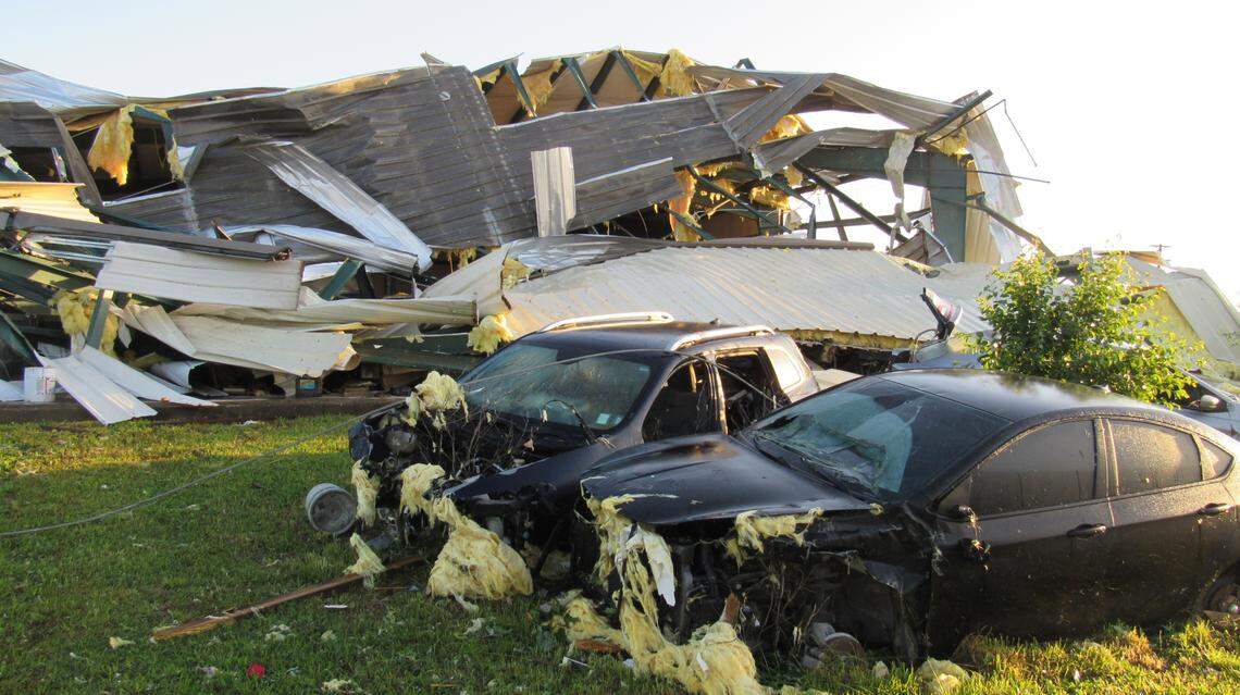 A business off Parkers Mill Road in southern Somerset was damaged after significant overnight storm damage on May 17, 2025.
