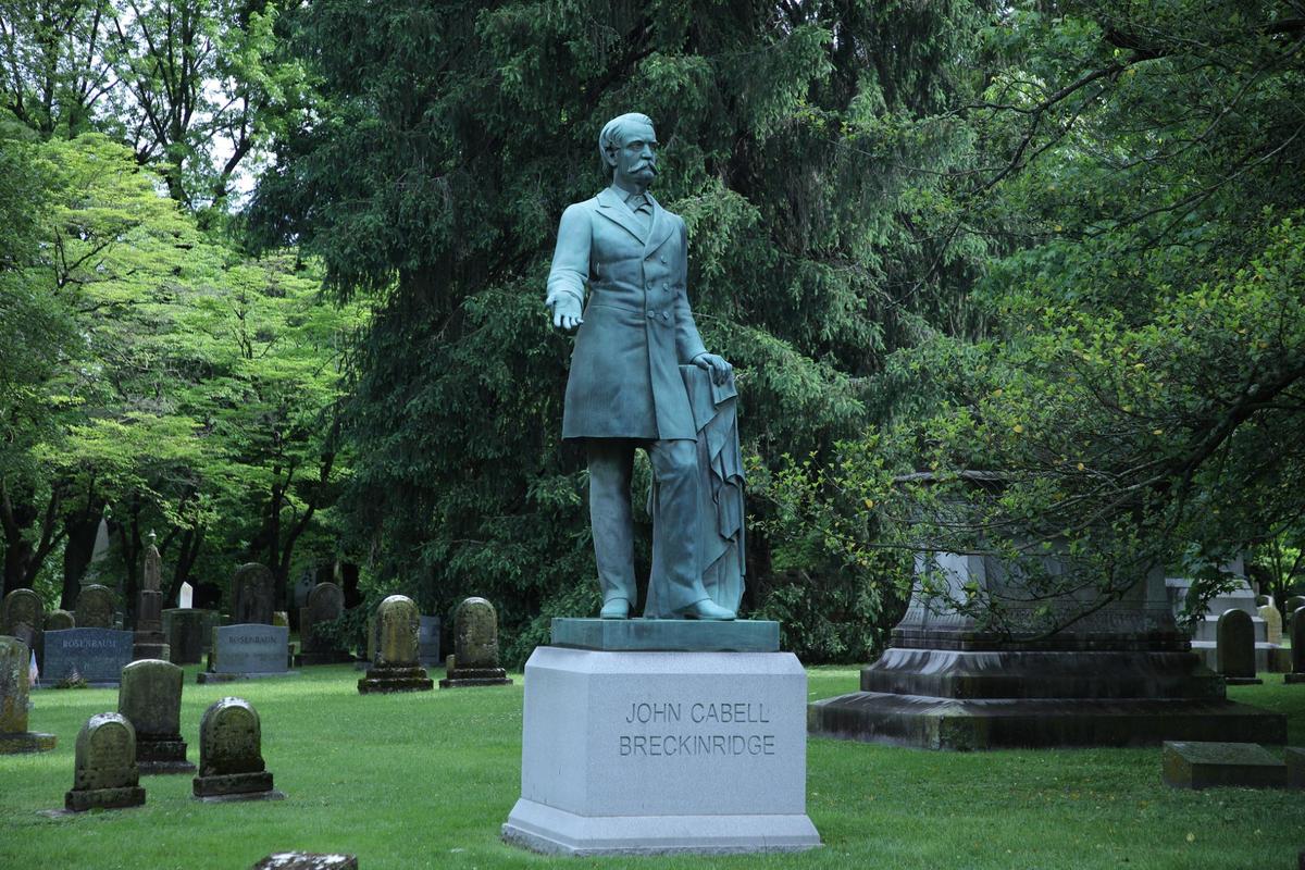 Monument in dedication to John Cabell Breckinridge, an American lawyer, politician, and soldier who represented Kentucky in both houses of Congress, becoming the 14th and youngest-ever vice president of the United States at the Lexington Cemetery in Lexington, Ky on May 9, 2024.