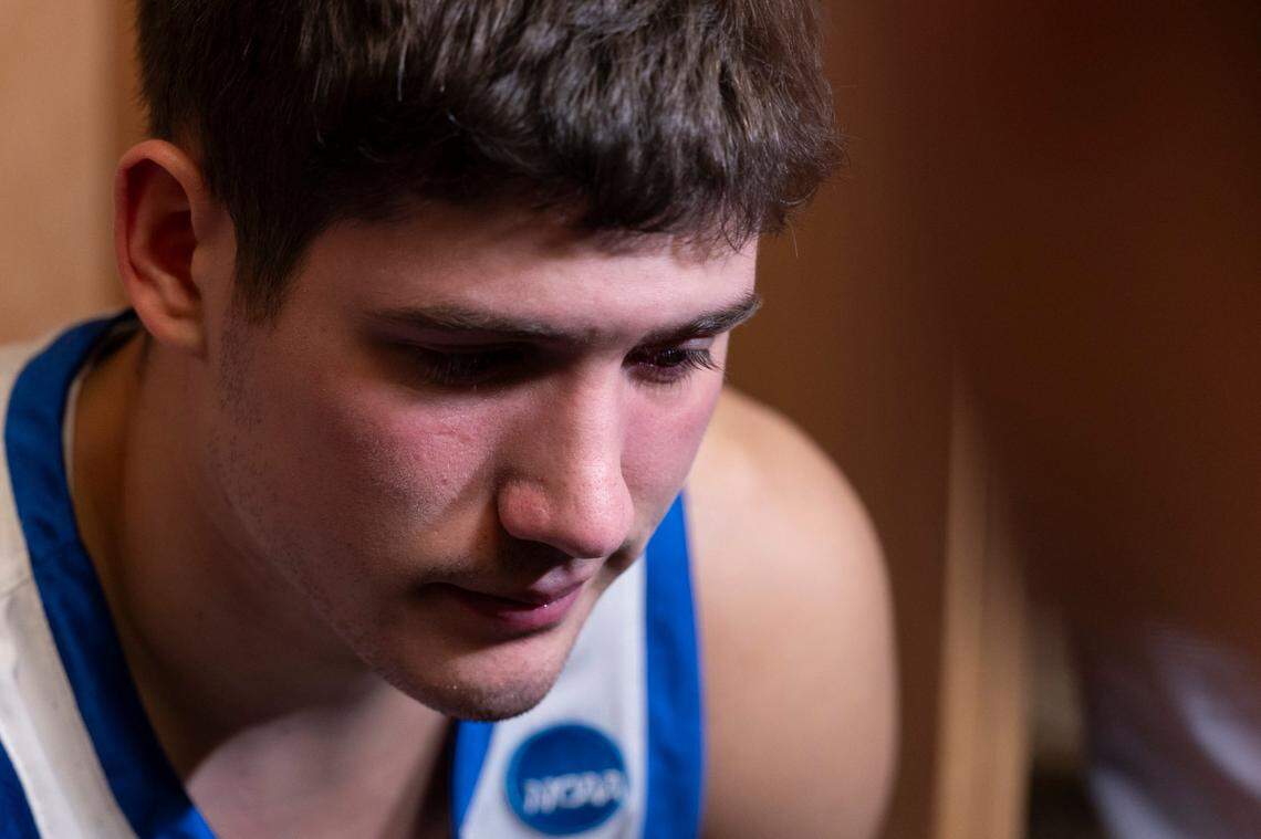 Kentucky guard Reed Sheppard speaks with reporters in the locker room after the Wildcats’ loss to Oakland last week.