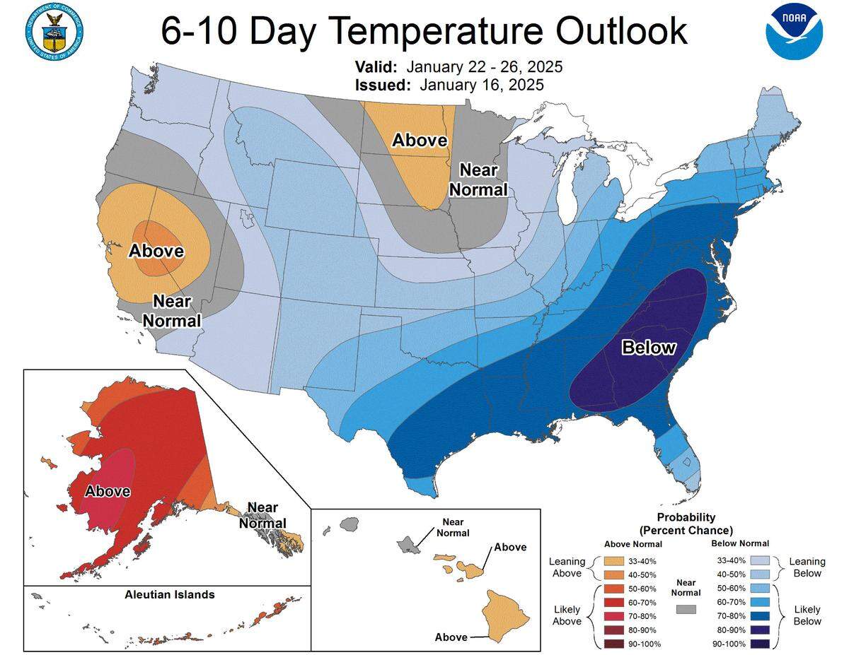 A six to 10-day outlook from the nation's Climate Prediction Center projects that below normal temperatures will likely blanket Kentucky between Jan. 22-26.