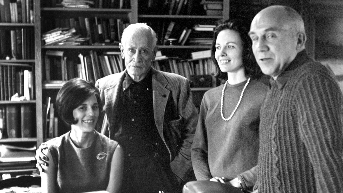 Author and monk Thomas Merton, right, visited with John Jacob Niles, singer Jacqueline Roberts and accompanist Janelle Dishman, left, at Niles’ Boot Hill Farm near Lexington in 1968, shortly before Merton’s accidental death. Niles set many of Merton’s poems to music, with Roberts’ voice in mind.        