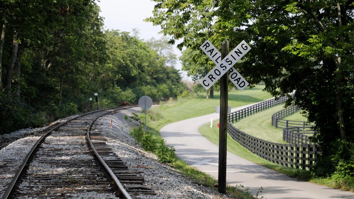 A “railroad crossing” marks the tracks on Friday, Aug. 4, 2023 at the Bluegrass Scenic Railroad and Museum in Versailles, Ky.