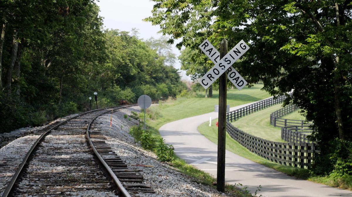 A “railroad crossing” marks the tracks on Friday, Aug. 4, 2023 at the Bluegrass Scenic Railroad and Museum in Versailles, Ky.