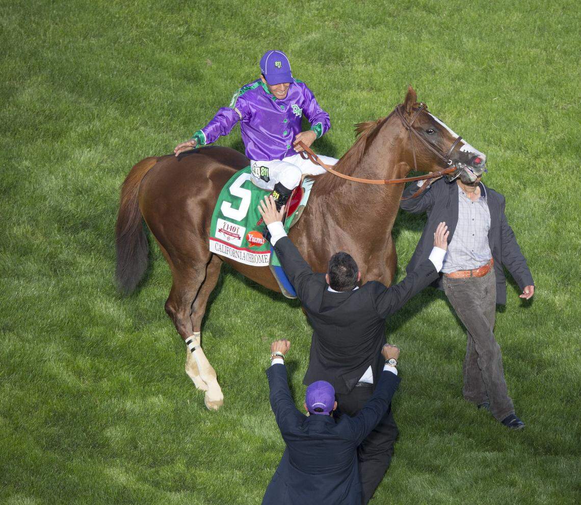 California Chrome with Victor Espinoza up won the 140th running of  the Kentucky Derby at Churchill Downs on May 3, 2014.