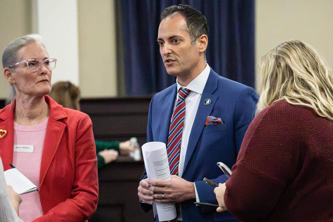 Rep. Daniel Grossberg and his attorney Anna Whites give statements to the media in the Capitol Annex on Feb. 2, 2026, in Frankfort, Ky.