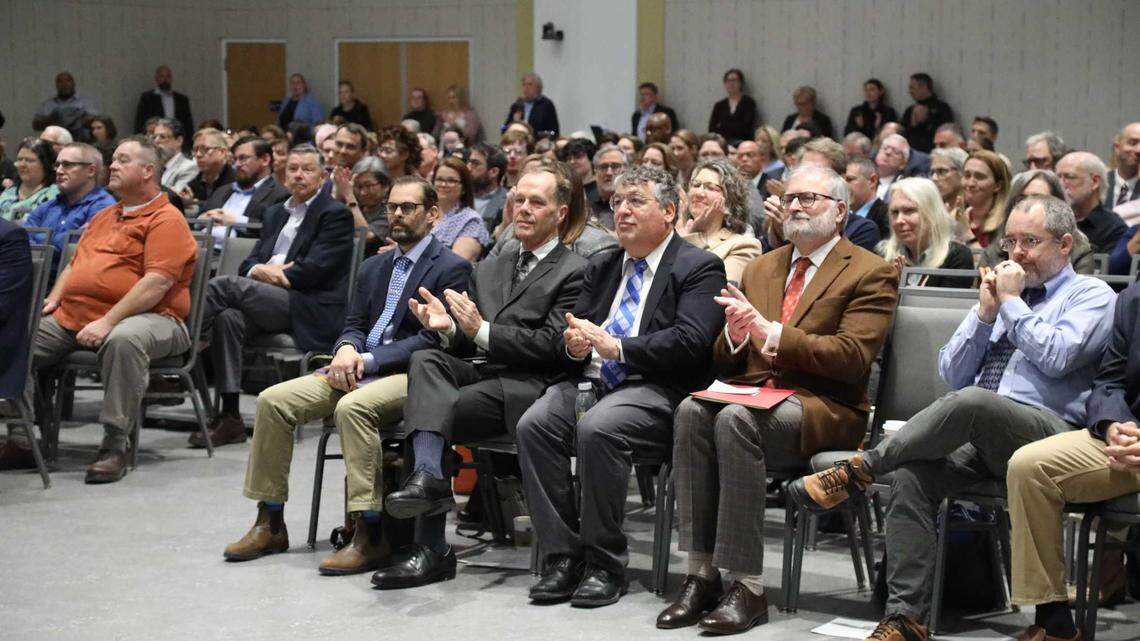 University of Kentucky faculty and staff attend the board of trustees meeting on April 26, 2024. The board heard from nine people opposed to a proposed change to the university’s governance structure, which would move the university senate to an advisory role.
