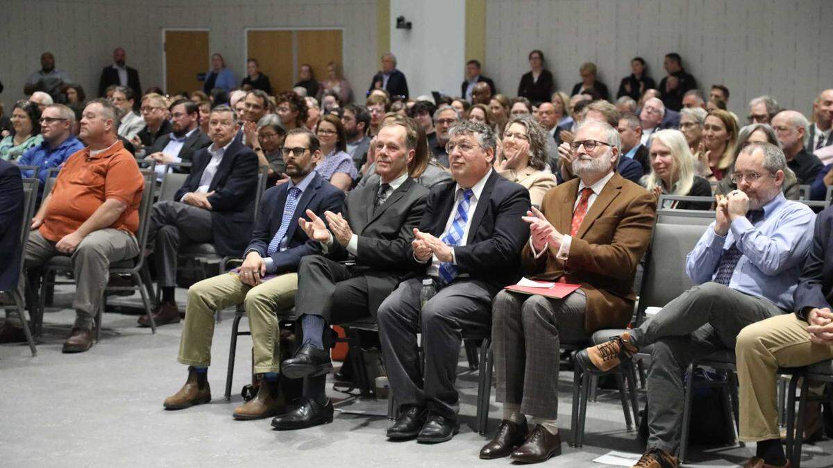 University of Kentucky faculty and staff attend the Board of Trustees meeting on April 26, 2024. The board heard from nine people opposed to a proposed change to the university’s governance structure, which would move the university senate to an advisory role.