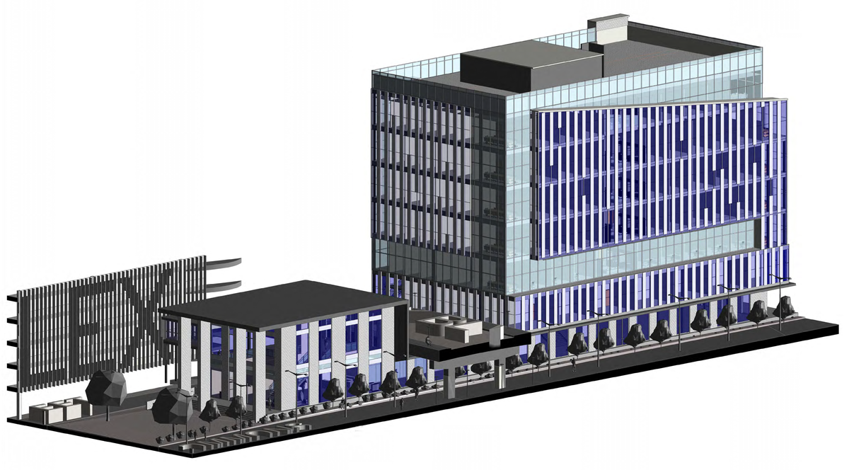 Cowgill Inc. proposal for a new city government center was a seven-story building that straddled the Martin Luther King Jr. Boulevard viaduct on a city-owned parking lot.