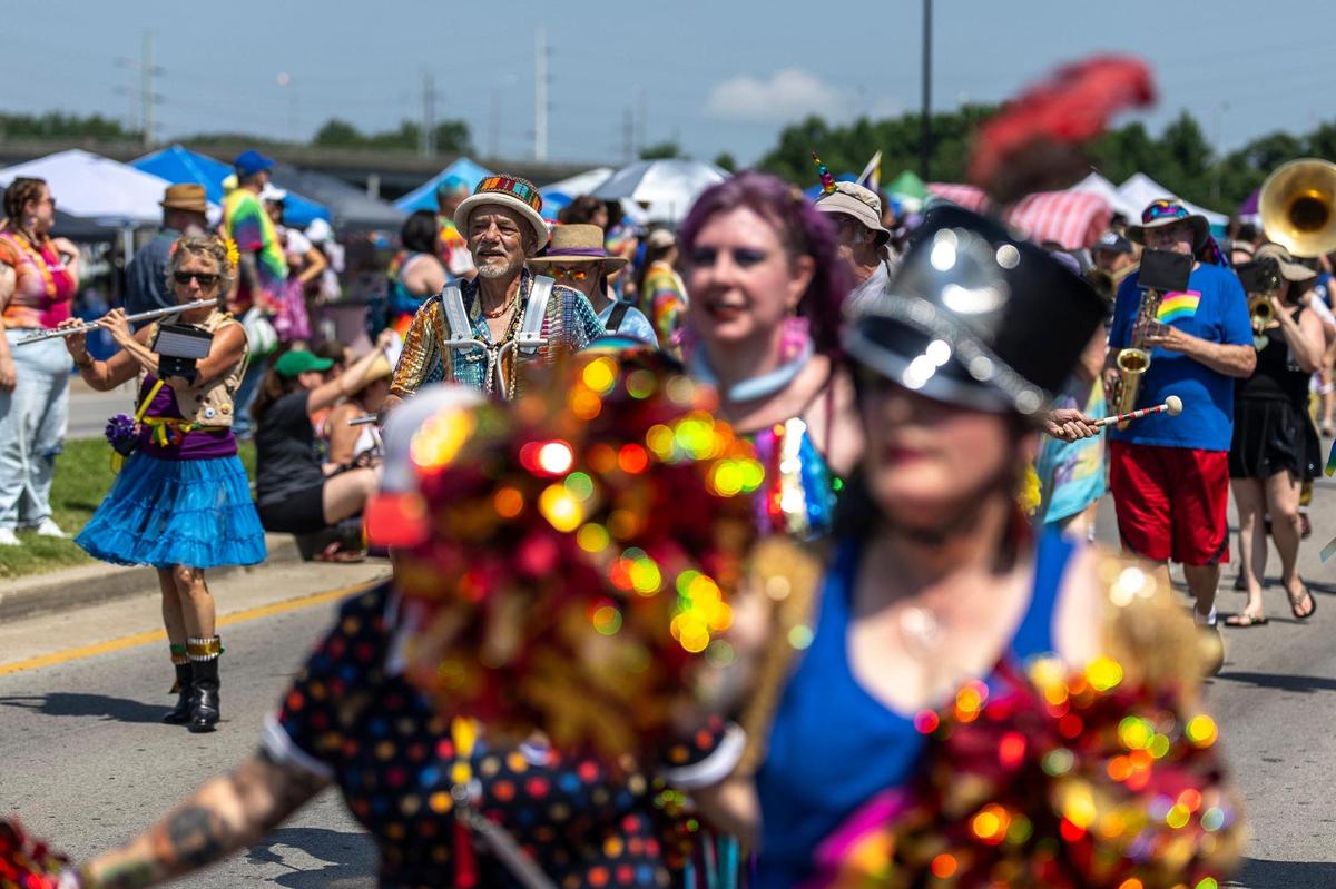 Members of the Lexington March Madness Marching Band perform during the Lexington Pride Festival Parade Powered by VisitLEX on Saturday, June 28, 2025.