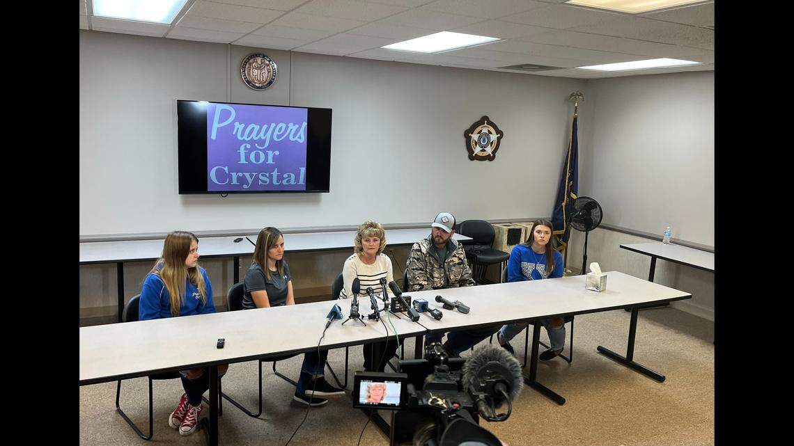 (From left) Tori Rogers, Brooke Ballard, Sherry Ballard, Casey Ballard and Kylie Rogers hold a press conference at the Nelson County Sheriff’s Office in Bardstown, Ky. on Oct. 17, 2022. That same day the FBI announced it was conducting a search at a farm belonging to the Houck family. Brooks Houck, Rogers’ boyfriend at the time of her disappearance, is considered a suspect.