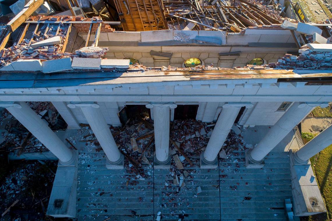 First United Methodist Church in downtown Mayfield, Ky., is heavily damaged Sunday, Dec. 12, 2021, after a tornado ripped through town Friday night.