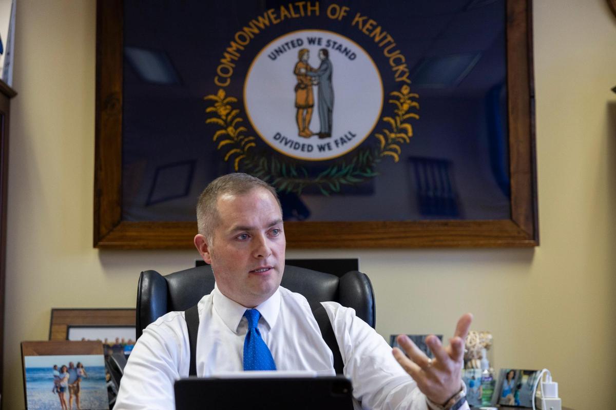 Sen. Whitney Westerfield in his office at the Capitol in Frankfort, Ky, Tuesday, January 23, 2024.