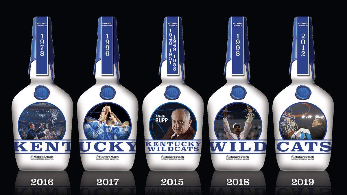 The complete series, lined up, spells out Kentucky Wildcats across the front of the bottles. This year’s honors the 2012 UK championship team and Coach John Calipari. It will go on sale April 5.