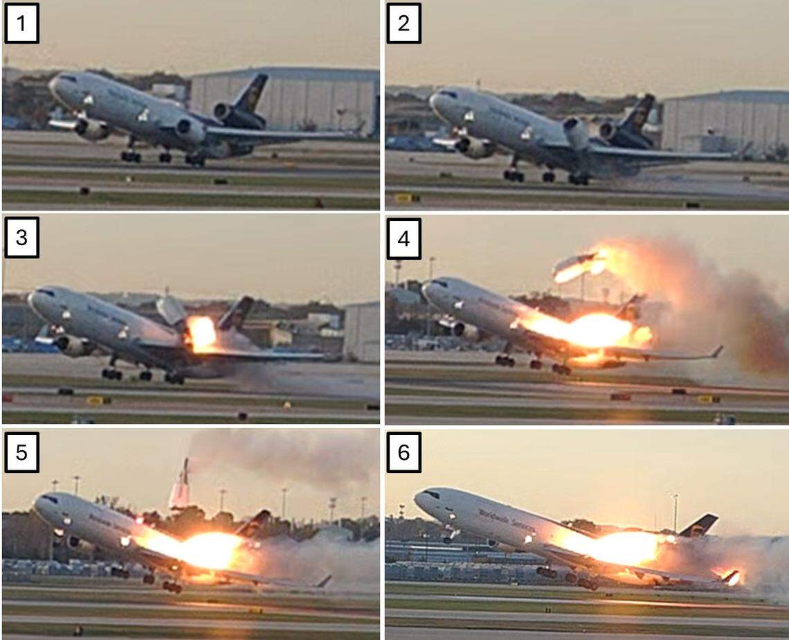 Photos released by the National Transportation Safety Board show the moments the left engine detached from a UPS airplane that later crashed into multiple businesses in Louisville, Ky.