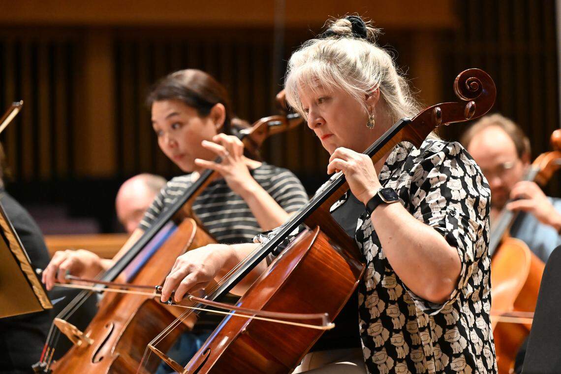 Rebecca Kiekenapp is principal cellist for the LCO. The Lexington Chamber Orchestra, conducted by Music Director Marcello Cormio, rehearsed for their May 30 concert at the Lexington Opera House at Centenary Church in Lexington, Kentucky on May 27, 2025.
