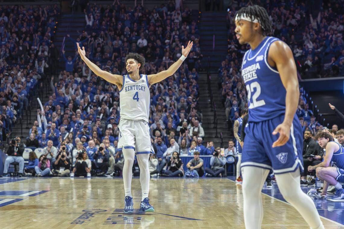 Kentucky guard Koby Brea (4) reacts after making a 3-point shot during Friday’s game against Georgia State at Rupp Arena.