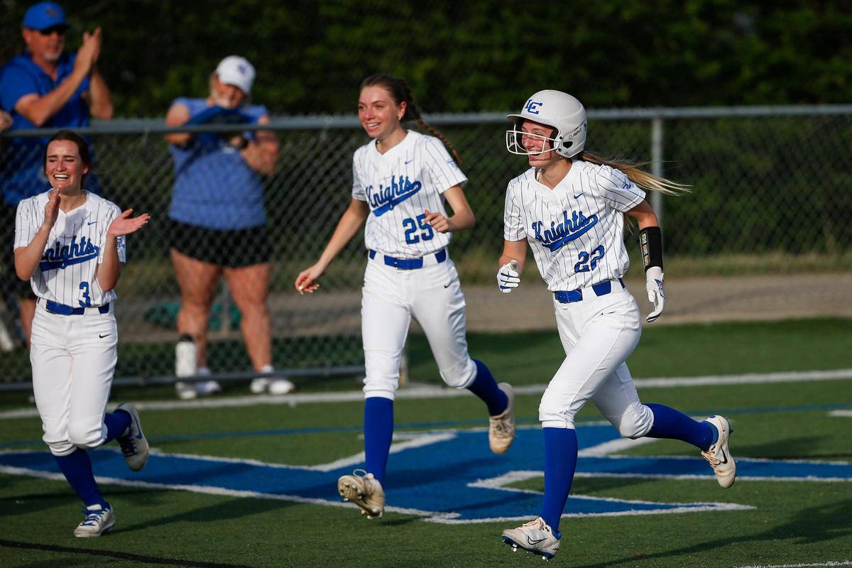 Lexington Catholic’s Lucy Nash (22) celebrates hitting a home run against Lafayette on Thursday night. Nash later hit a two-run double to help win the game.
