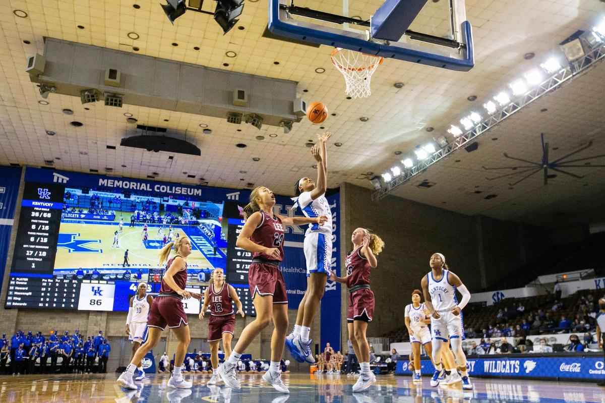 Kentucky’s Nyah Leveretter (21) scores a basket during an exhibition game in Memorial Coliseum last season. The Wildcats will need an alternate venue for home games when Memorial undergoes major renovations during the 2023-24 school year.