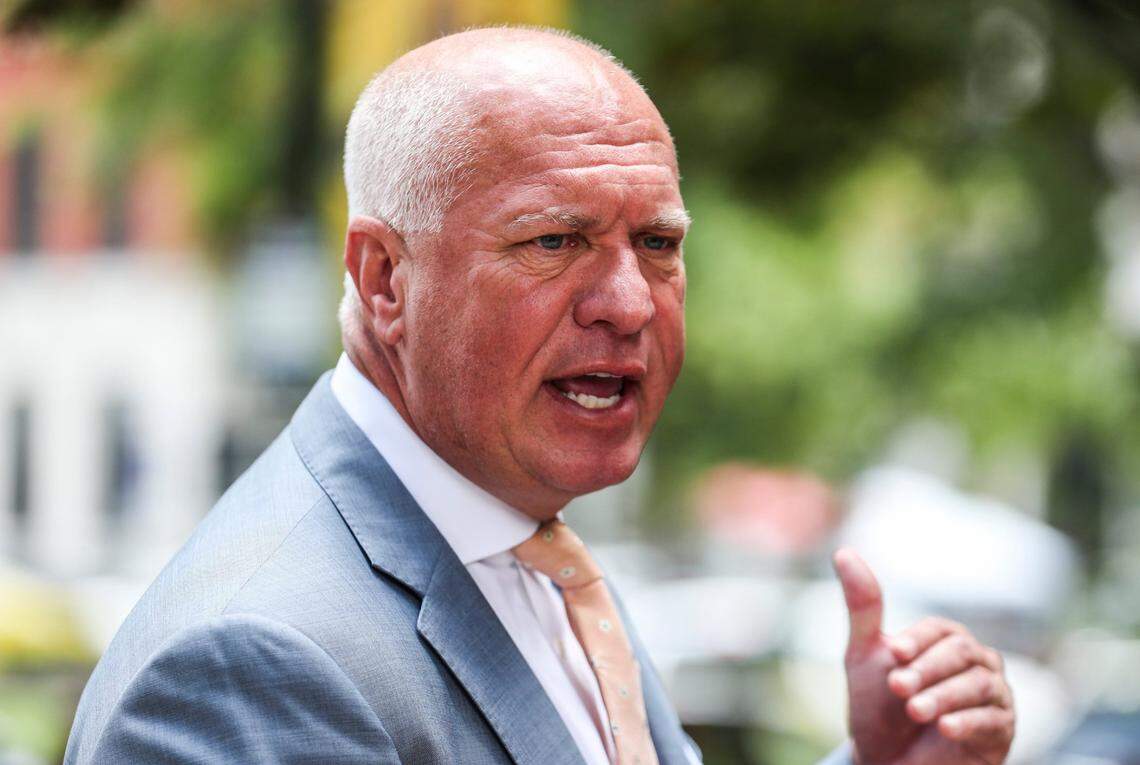 Attorney Steve Romines speaks to the media Wednesday May 29, 2024 after the Jefferson County Attorney's office dropped all charges against PGA golfer Scottie Scheffler during a traffic incident at Valhalla Golf Course May 17.