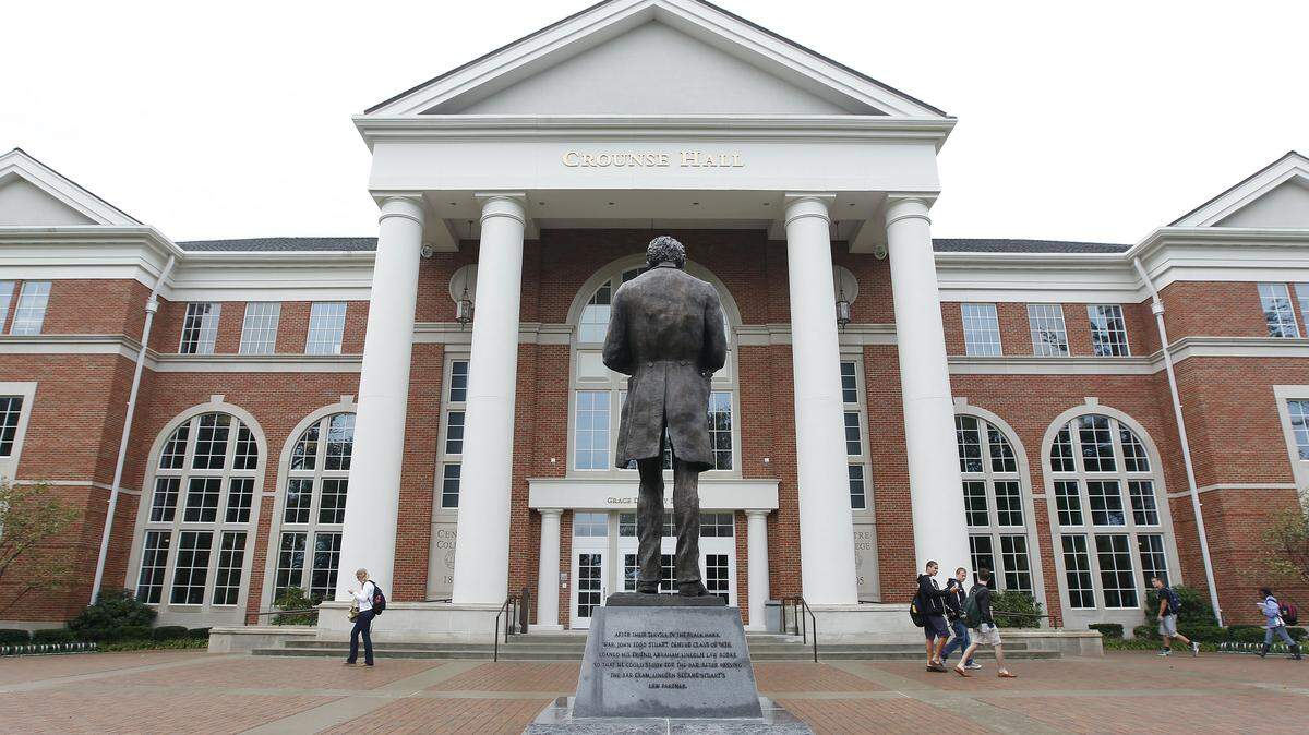 A statue of Abraham Lincoln stands in front of Crounse Hall on the Centre College campus in Danville.