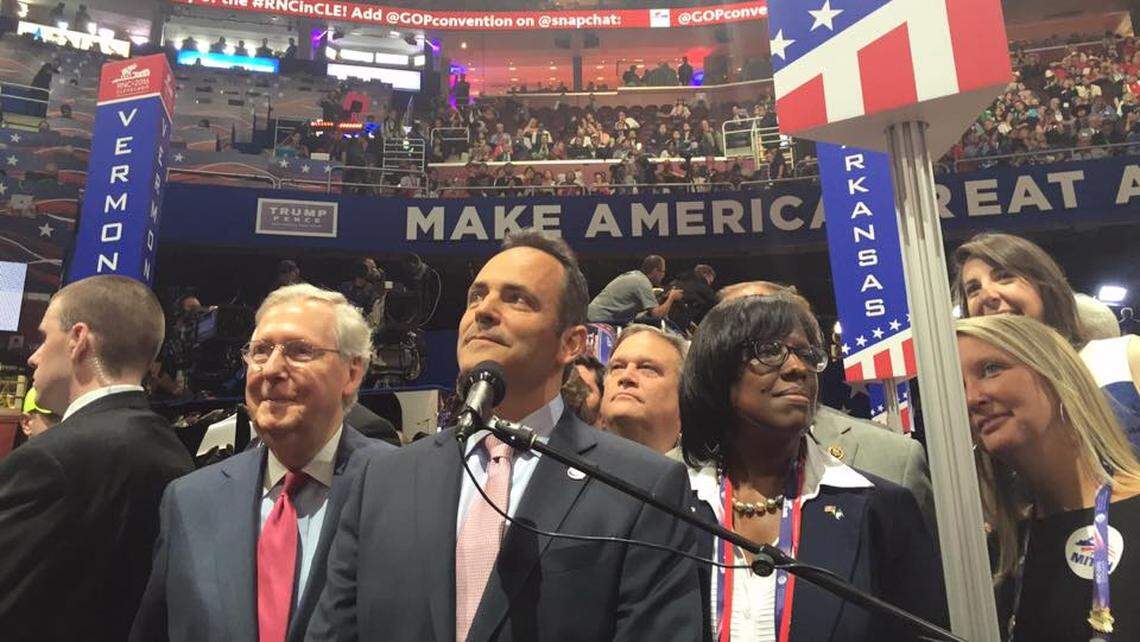 Kentucky Gov. Matt Bevin stands with the Kentucky delegation at the 2016 Republican National Convention in Cleveland, Ohio.