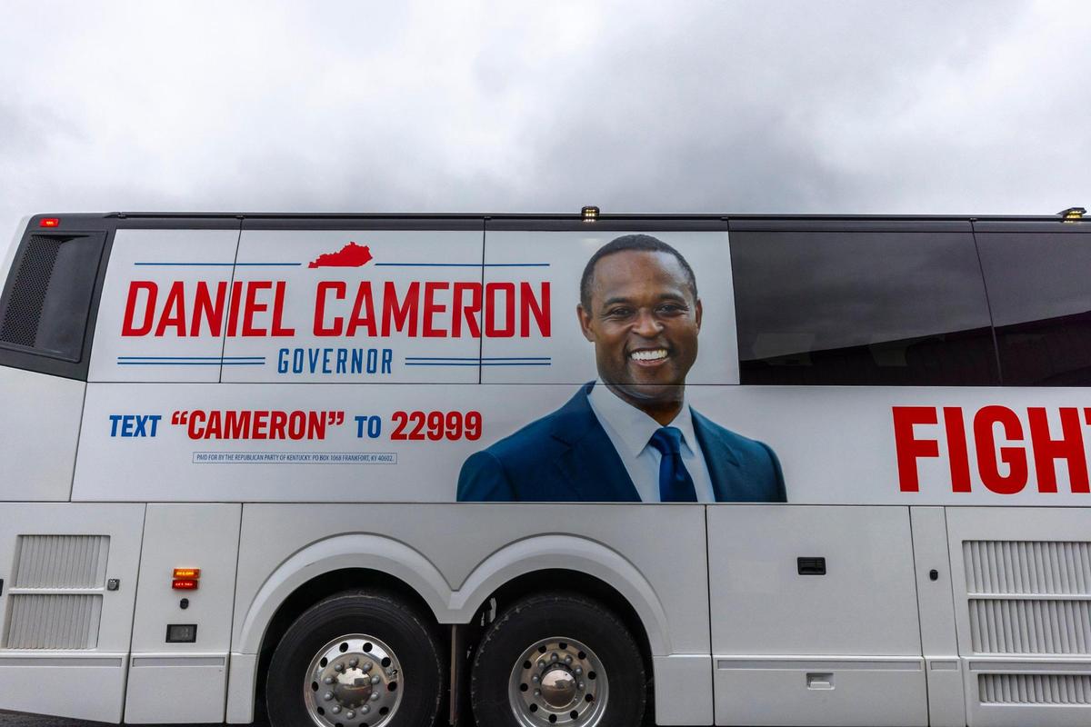 Daniel Cameron’s campaign bus arrives for a stop at the Kentucky Welding Institute in Flemingsburg, Ky., on Monday, Oct. 30, 2023.