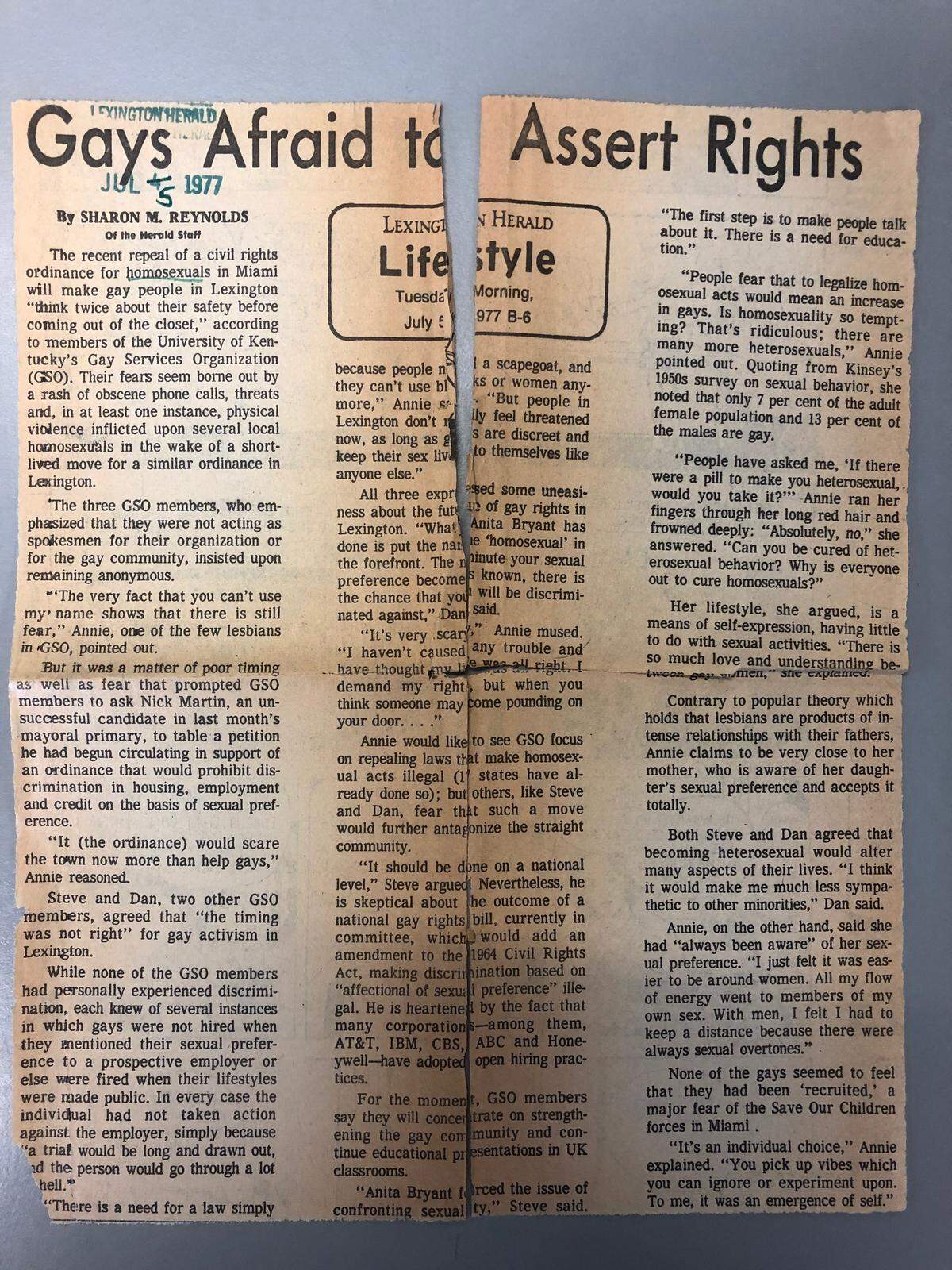 An article from the July 5, 1977 Lexington Herald about members of the Gay Services Organization in Lexington’s fears of pushing for a gay rights ordinance.