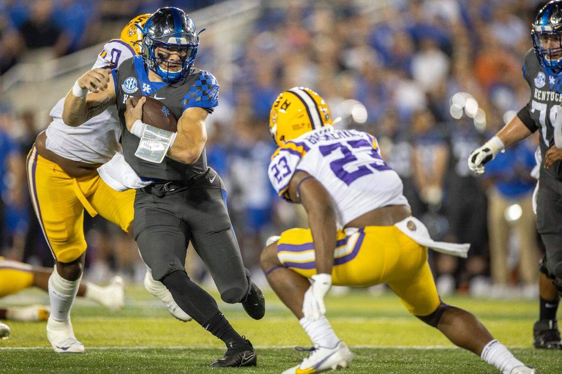 Kentucky quarterback Will Levis had 11 carries for 75 yards and two touchdowns in Saturday’s win against LSU. He also threw for three scores.
