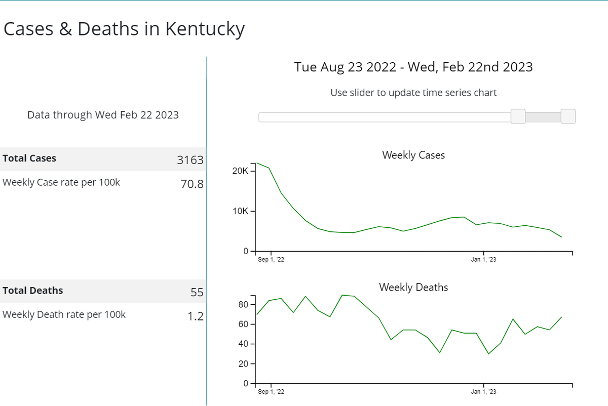 Data from the U.S. Centers for Disease Control and Prevention on Kentucky's coronavirus case and death rates. While the level of coronavirus cases in Kentucky has fallen over the last six months, virus deaths have not come down as fast, given that the virus death rate is a lagging indicator. 