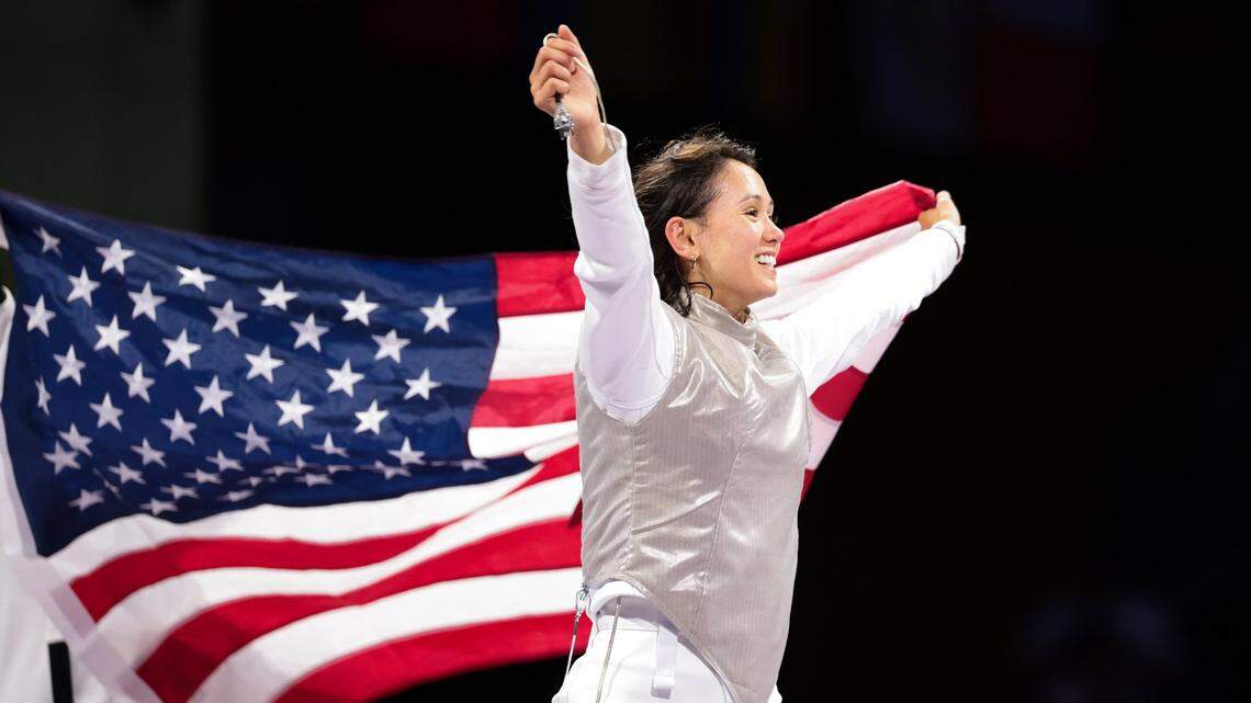 Lee Kiefer celebrates after winning gold in an all-American women’s foil final at the 2024 Olympics in Paris July 28, 2024. (Wally Skalij/Los Angeles Times/TNS)