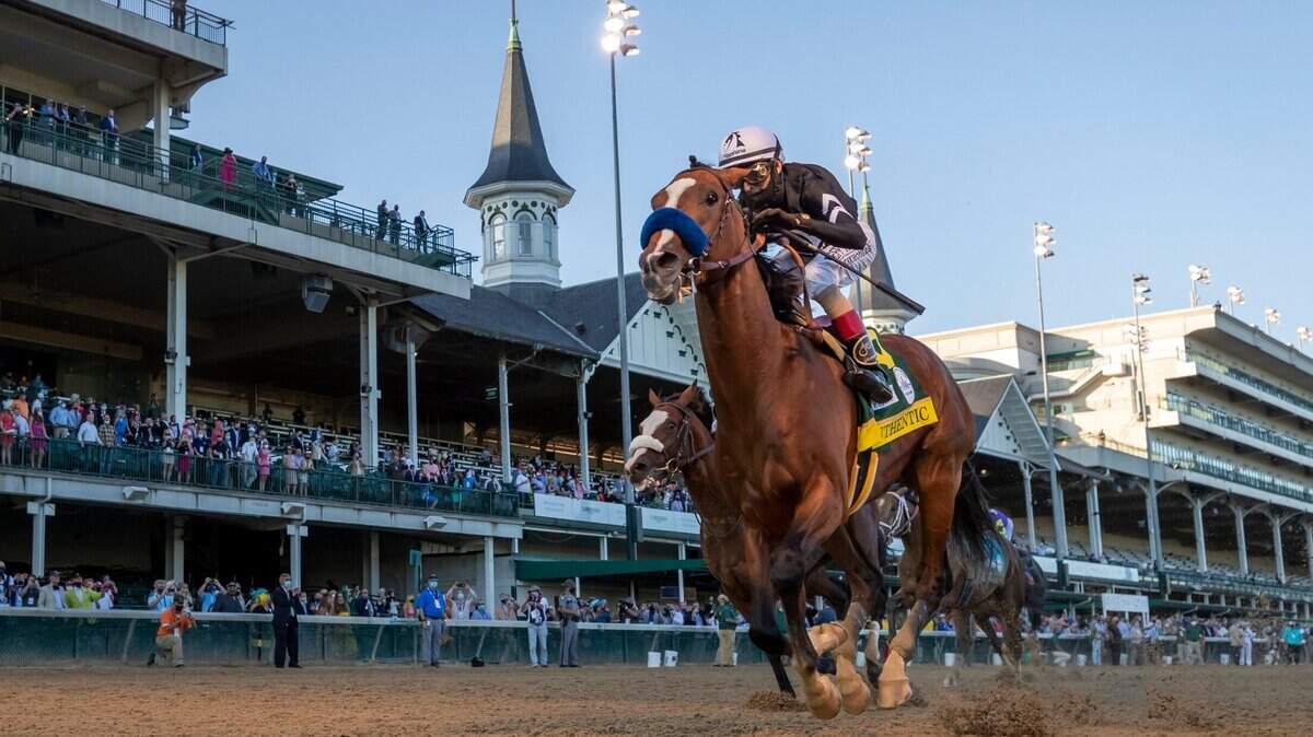 Authentic with John Velazquez up, left, win the 146th running of the Kentucky Derby, Saturday, Sept. 05, 2020 at Churchill Downs in LOUISVILLE.