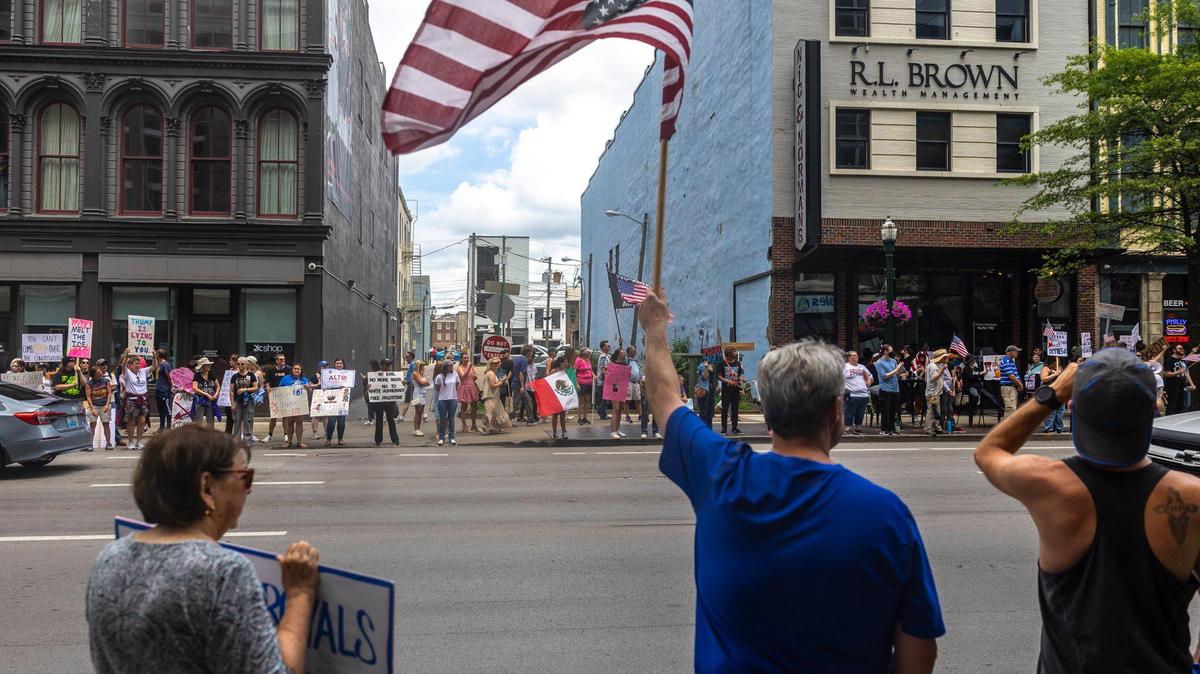 Protesters gather in downtown Lexington, Ky., during the “No Kings” protest on Saturday, June 14, 2025.