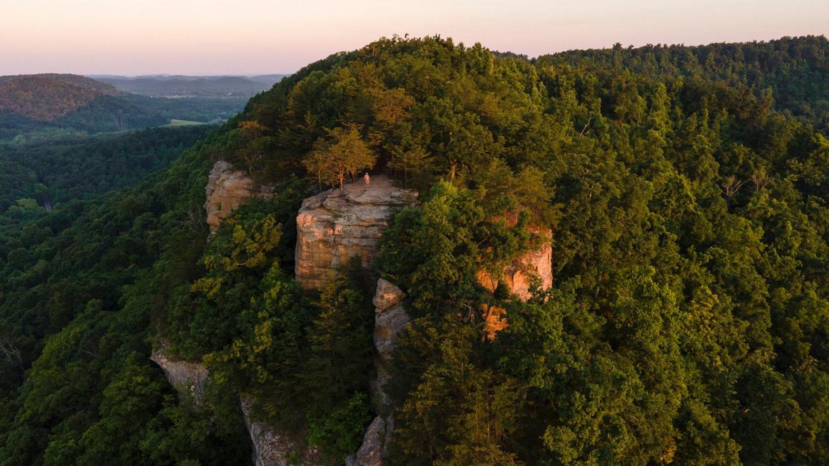 Darrell Harrison of Berea watches the sun rise from the East Pinnacle in the Berea College Forest on Tuesday, May 31, 2022.