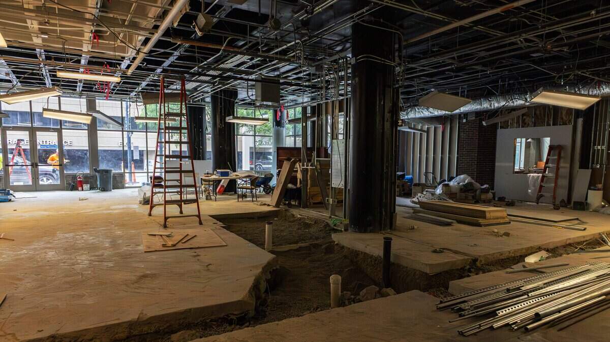 Bare-bones area under construction, designed to house a future wine bar and entertainment area in the PNC Bank branch office, currently undergoing renovations at 325 West Main on May 20, 2026.