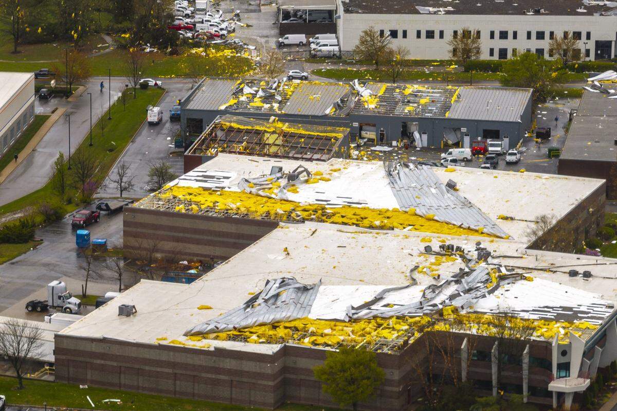 High winds caused significant damage to property near Blankerbaker Parkway and Plantside Drive in Louisville, Ky., overnight Wednesday, April 2 to Thursday April 3, 2025.