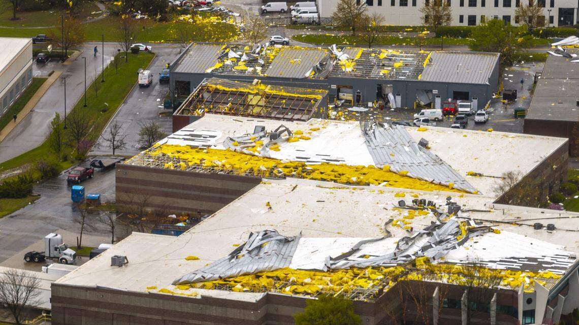 High winds caused significant damage to property near Blankerbaker Parkway and Plantside Drive in Louisville, Ky., overnight Wednesday, April 2 to Thursday April 3, 2025.