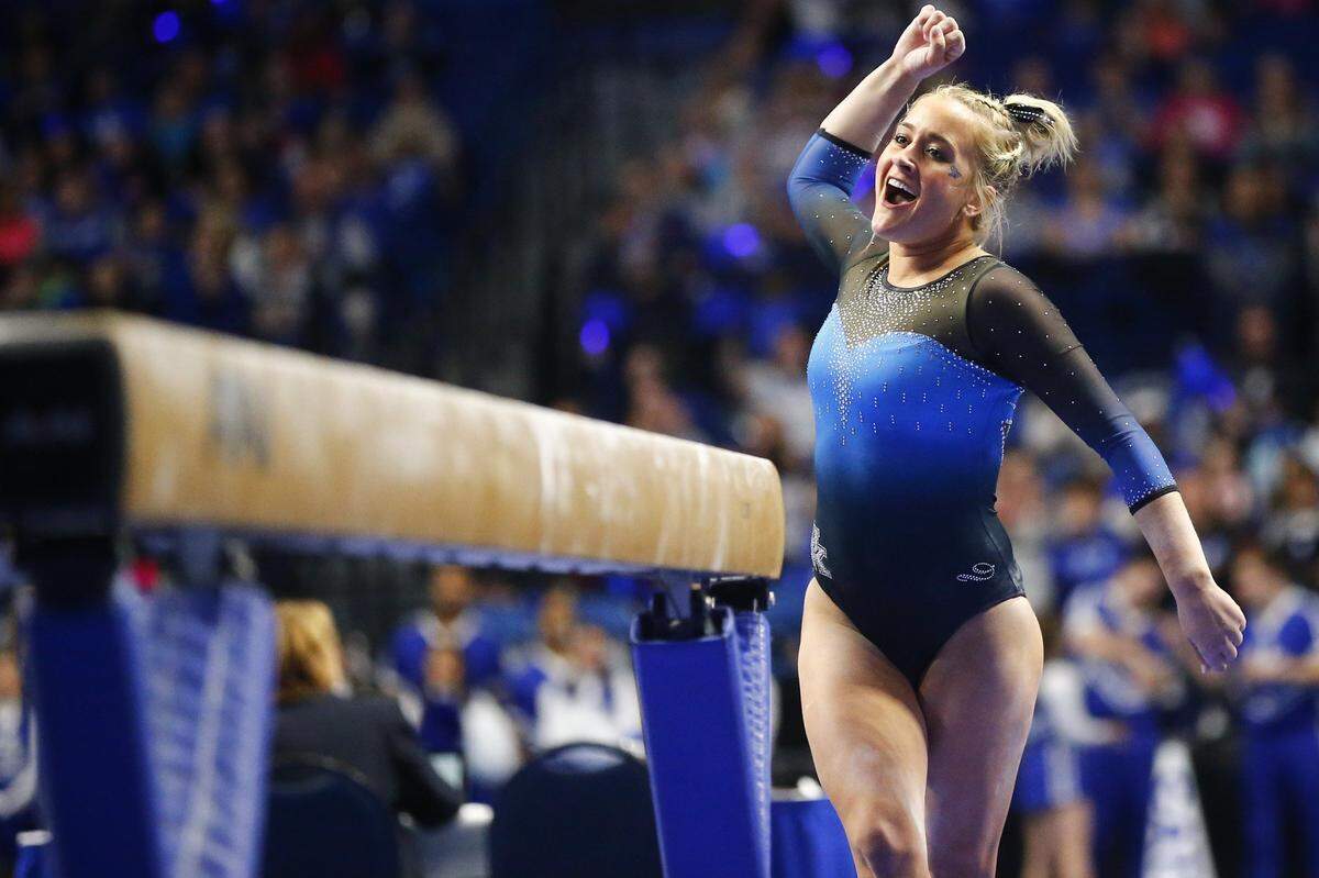 Kentucky’s Alex Hyland celebrated after her beam routine during Excite Night at Rupp Arena last year. She won the event.