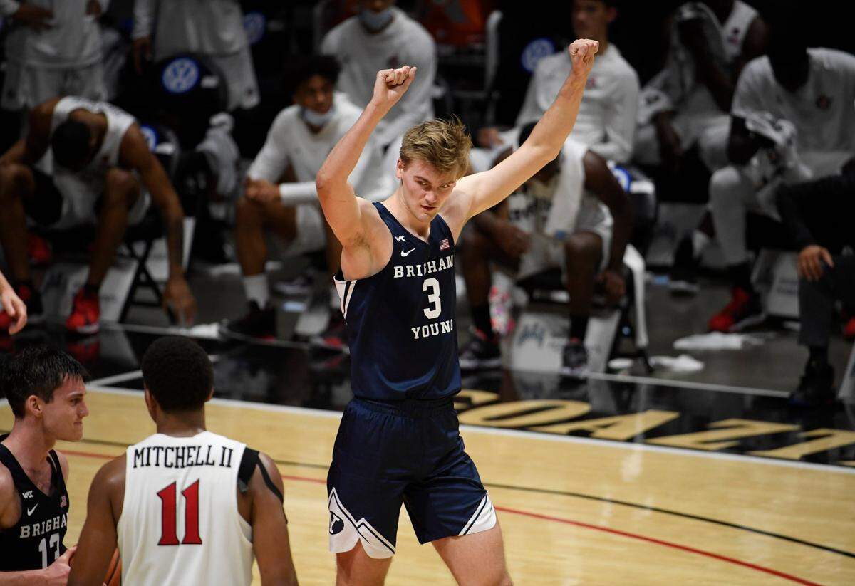BYU big man Matt Haarms (3) celebrated after the Cougars upset San Diego State. A graduate transfer from Purdue that Kentucky tried to woo, the 7-foot-3 Haarms is averaging 10.5 ppg for BYU Coach Mark Pope.