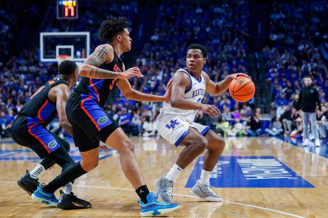 Kentucky’s Sahvir Wheeler (2) is guarded by Florida’s Will Richard during Saturday’s game at Rupp Arena. Wheeler averages 5.6 assists per game.