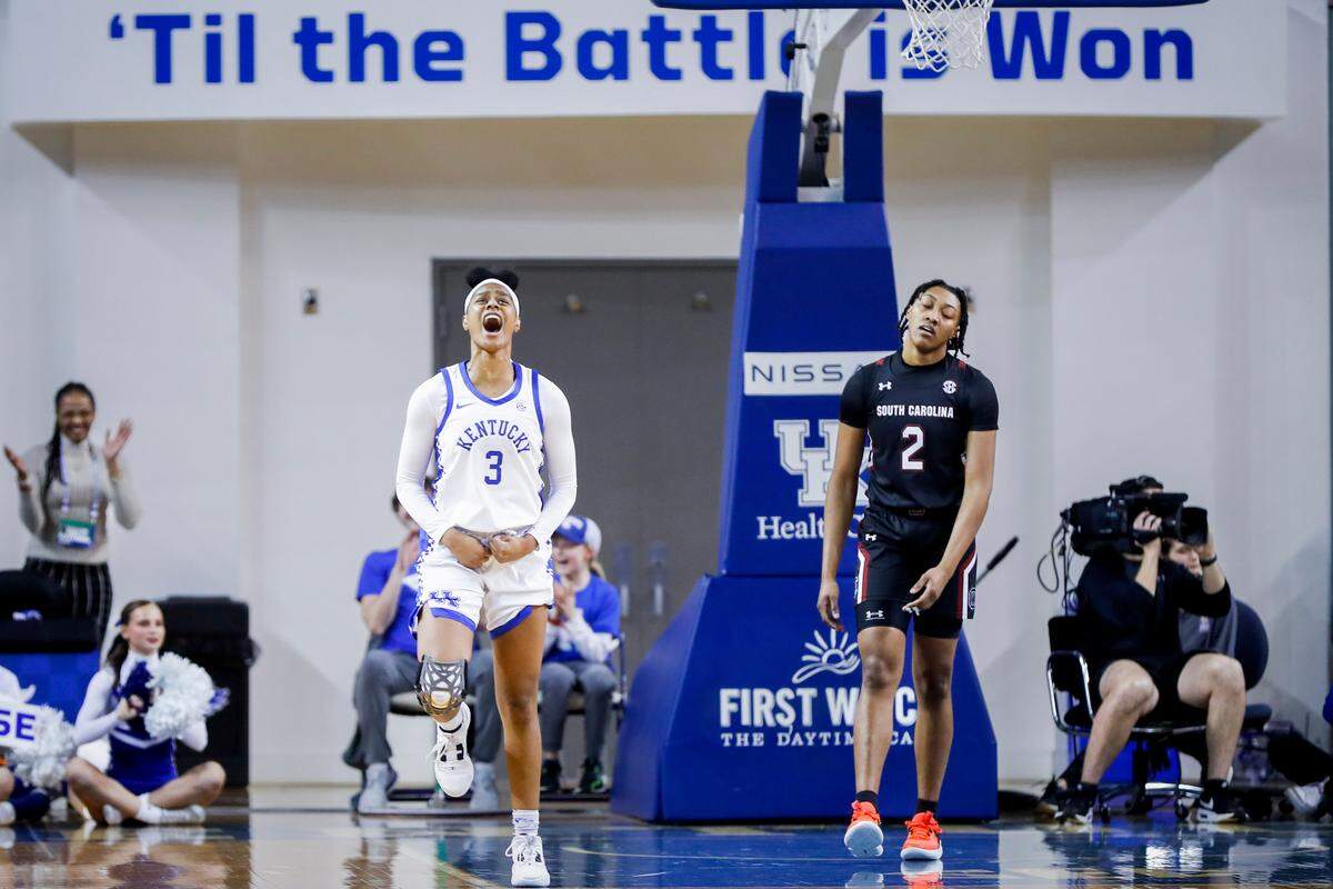 Kentucky Wildcats guard Kennedy Cambridge (3) celebrates taking the lead from No. 1 South Carolina during the first half of a game at Memorial Coliseum in Lexington, Ky., Thursday, January 12, 2023. Despite being down only 4 at the half, UK lost by 29.