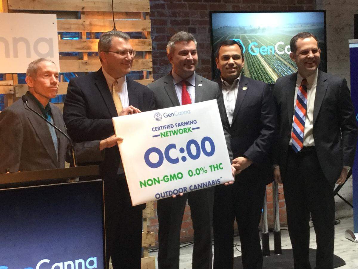 GenCanna president Steve Bevan, second from left, announced the development of a new strain of hemp that has no THC by University of Kentucky professor David Hildebrand, left. Bevan was joined by Agriculture Commissioner Ryan Quarles, State Sen. Ralph Alvarado and Jonathan Miller, head of the Hemp Roundtable.